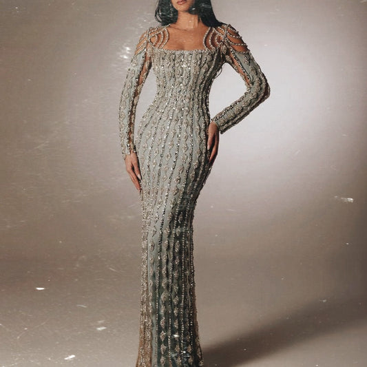 فستان مطرز باكمام طويله