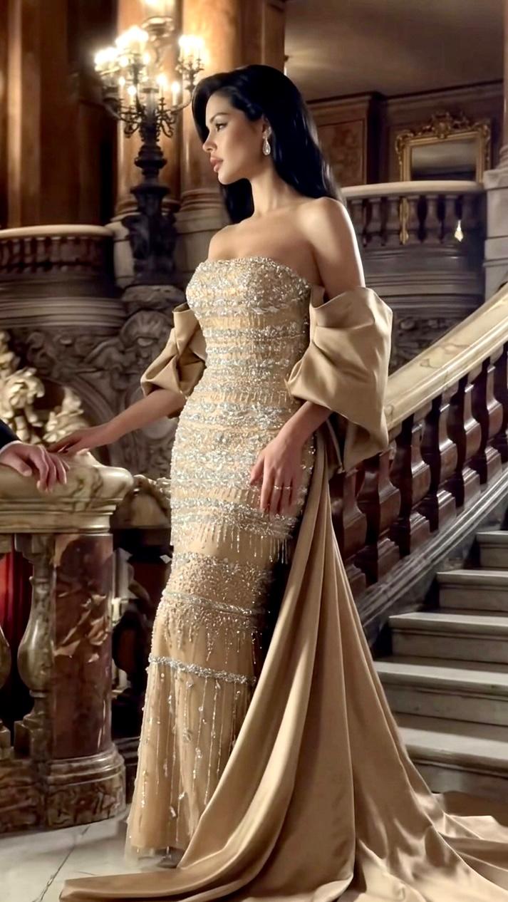 فستان بتطريز يدوي فاخر بذيل طويل